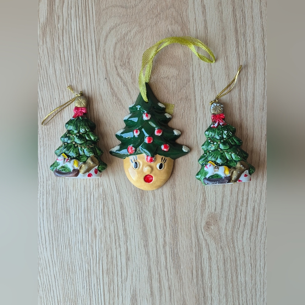 Vintage Ceramic Unique Christmas Tree Ornament Set 3 Pcs.